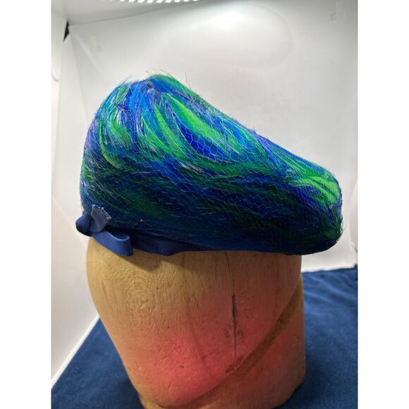 Vintage Blue & Green Feather bubble Hat Amy NY - Picture 2 of 12
